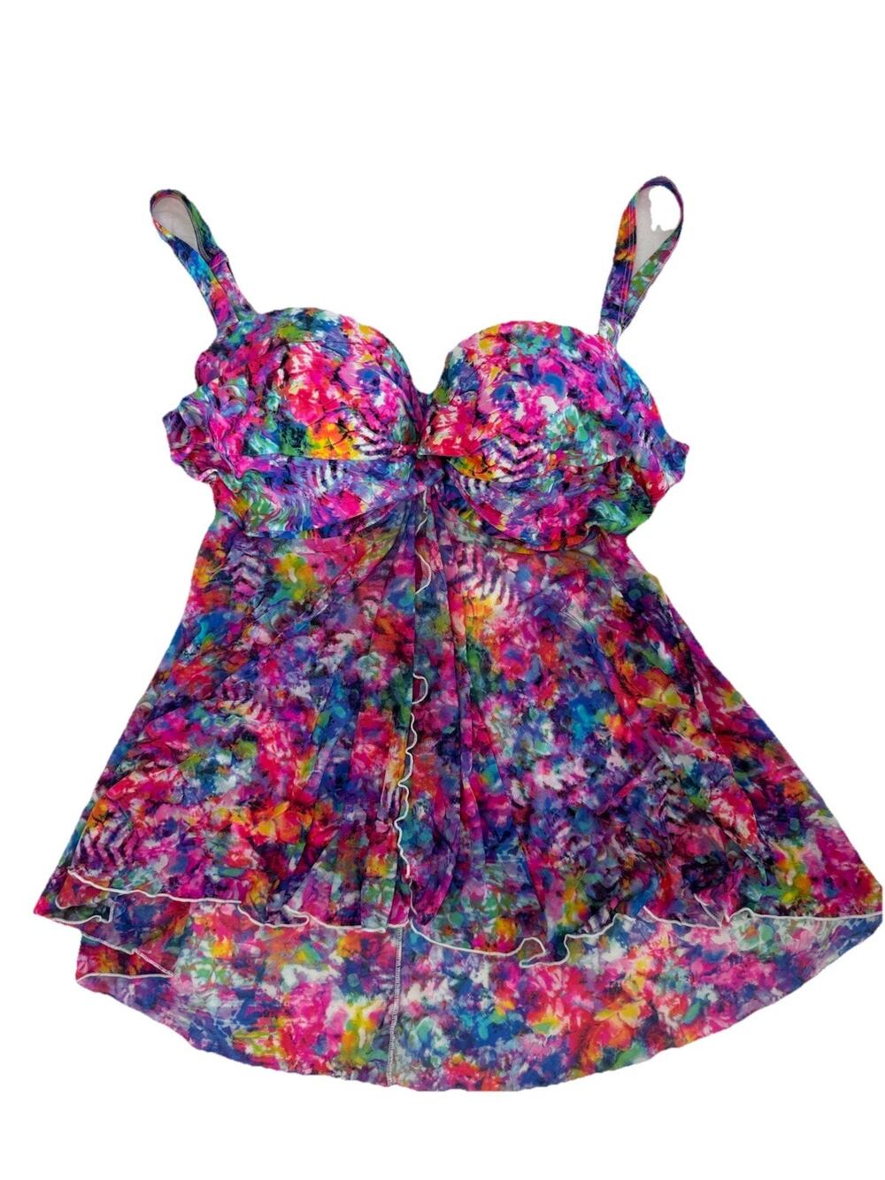 Smart & Sexy Multicolor Abstract Mesh Underwire Tankini Top Lined 34DDD